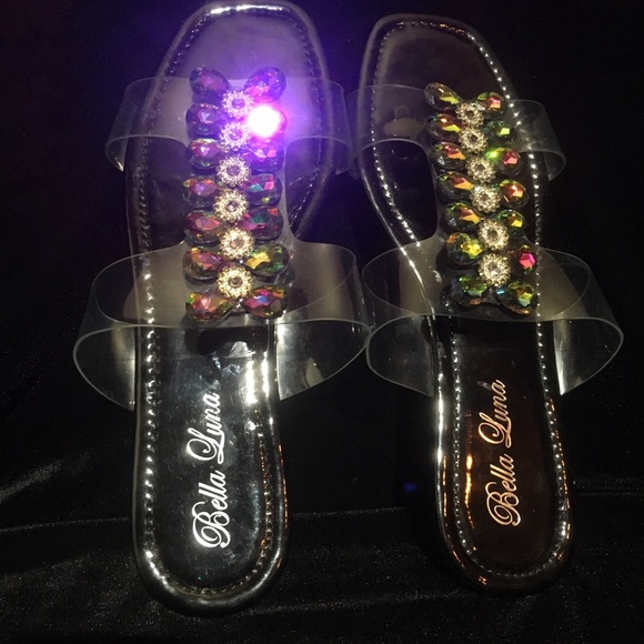 Bella Luna Black Clear Slip Ons Iridescent Rhinestone Square Toe Flats Sandles - Picture 4 of 5